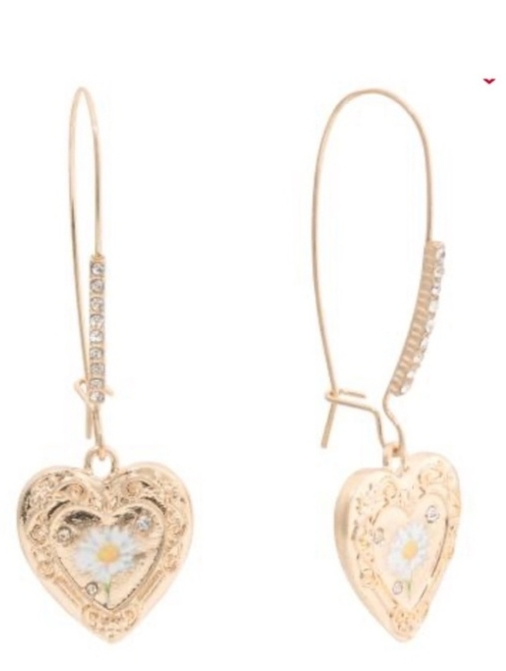 Betsey Johnson Heart Drop Earrings w/ Daisy Inlay